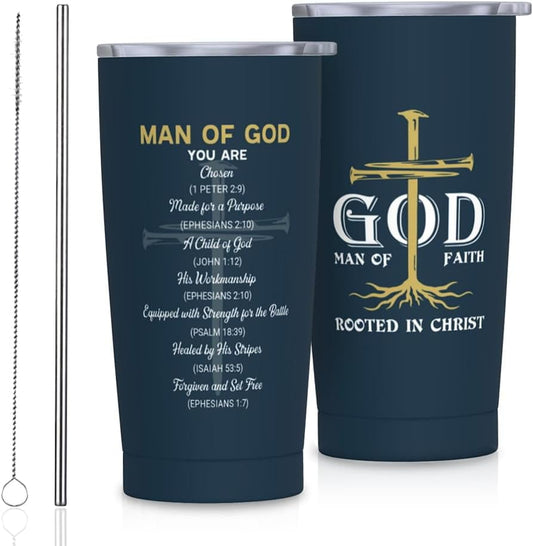 Christian Gifts for Men, Religious Gifts for Men, Christian Man of God Tumbler 20oz, Bible Verse Gift Coffee Travel Mug, Christian Spiritual Inspirational Catholic Gift Cup for Dad Grandpa