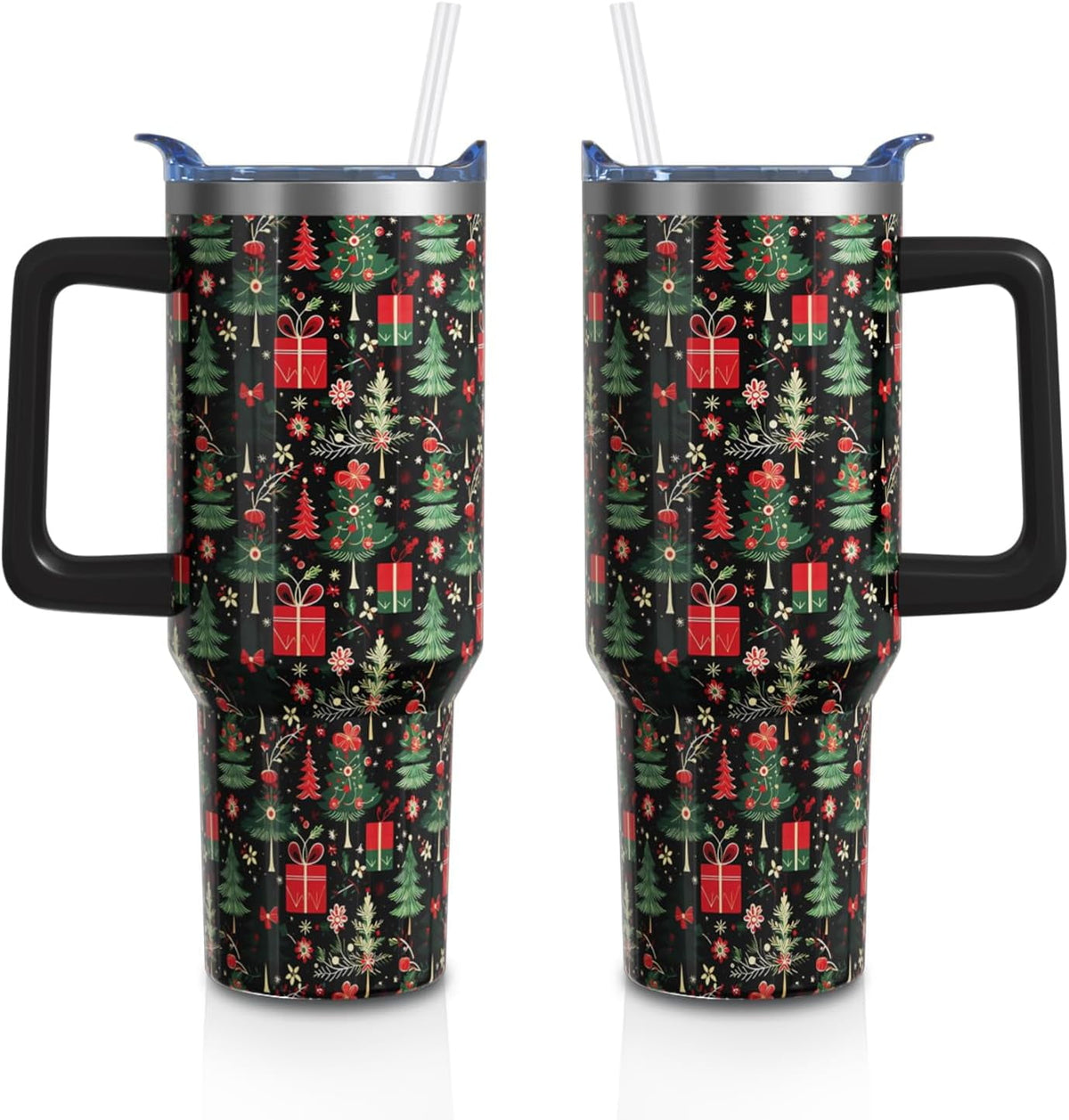 Christmas Gifts 40 Oz Tumbler with Handle and Straw, Green Xmas Tree Stainless Steel Insulated Cup Water Bottle, Retro Holiday Gifts for Women Men (1PC)