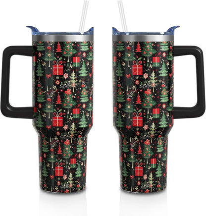 Christmas Gifts 40 Oz Tumbler with Handle and Straw, Green Xmas Tree Stainless Steel Insulated Cup Water Bottle, Retro Holiday Gifts for Women Men (1PC)