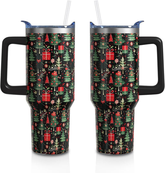 Christmas Gifts 40 Oz Tumbler with Handle and Straw, Green Xmas Tree Stainless Steel Insulated Cup Water Bottle, Retro Holiday Gifts for Women Men (1PC)