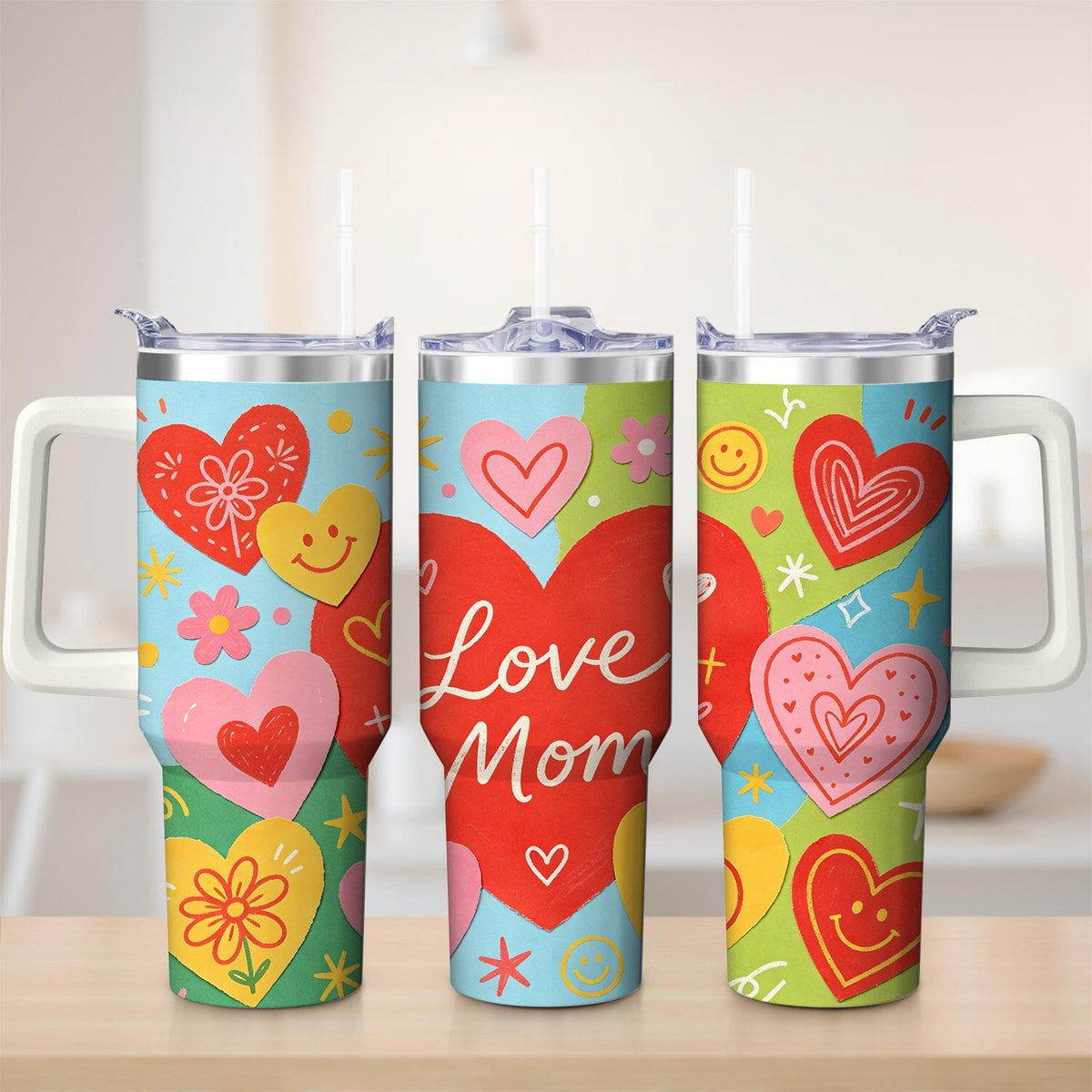 Colorful Heart Love Mom Stainless Steel Tumbler, 30oz