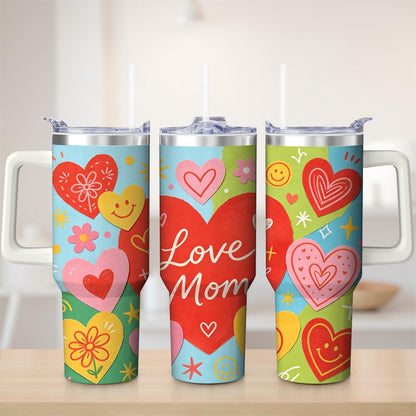 Colorful Heart Love Mom Stainless Steel Tumbler, 30oz - Insulated Travel Tumbler Cup
