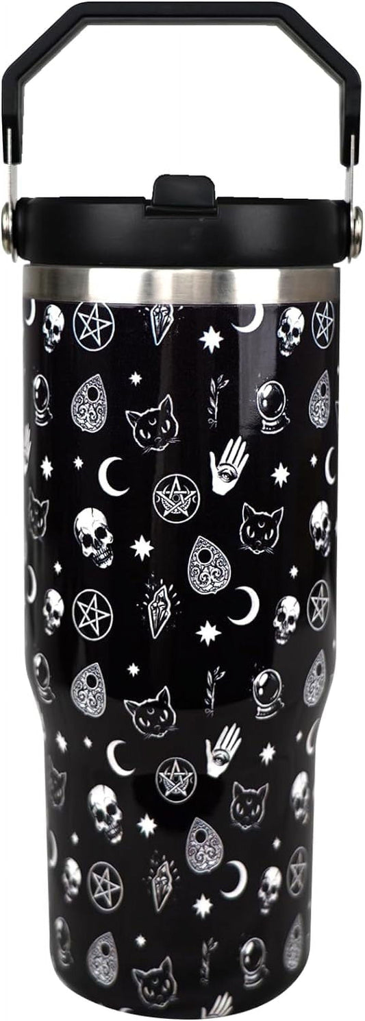 Gothic 30 oz Tumbler with Handle and Flip Straw，Stainless Steel Double Wall Insulated Travel Bottle with Top Handle Lid, Spill-Proof Tumbler with Straw and Handle for Men Women