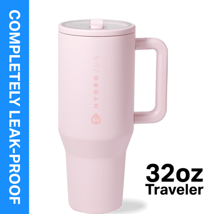 HydroJug Traveler 32 oz Water Bottle, Stainless Steel Insulated Tumbler with Flip Straw and Handle - Pink Sand