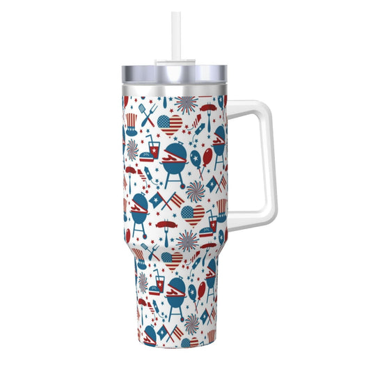 Logiee Fourth Of July Party Print 40OZ Ice Bully Cup with Handle and Straw, Double Wall Stainless Steel Tumbler,Travel Coffee Cup with Lid, Summer Insulation and Cooling Cup