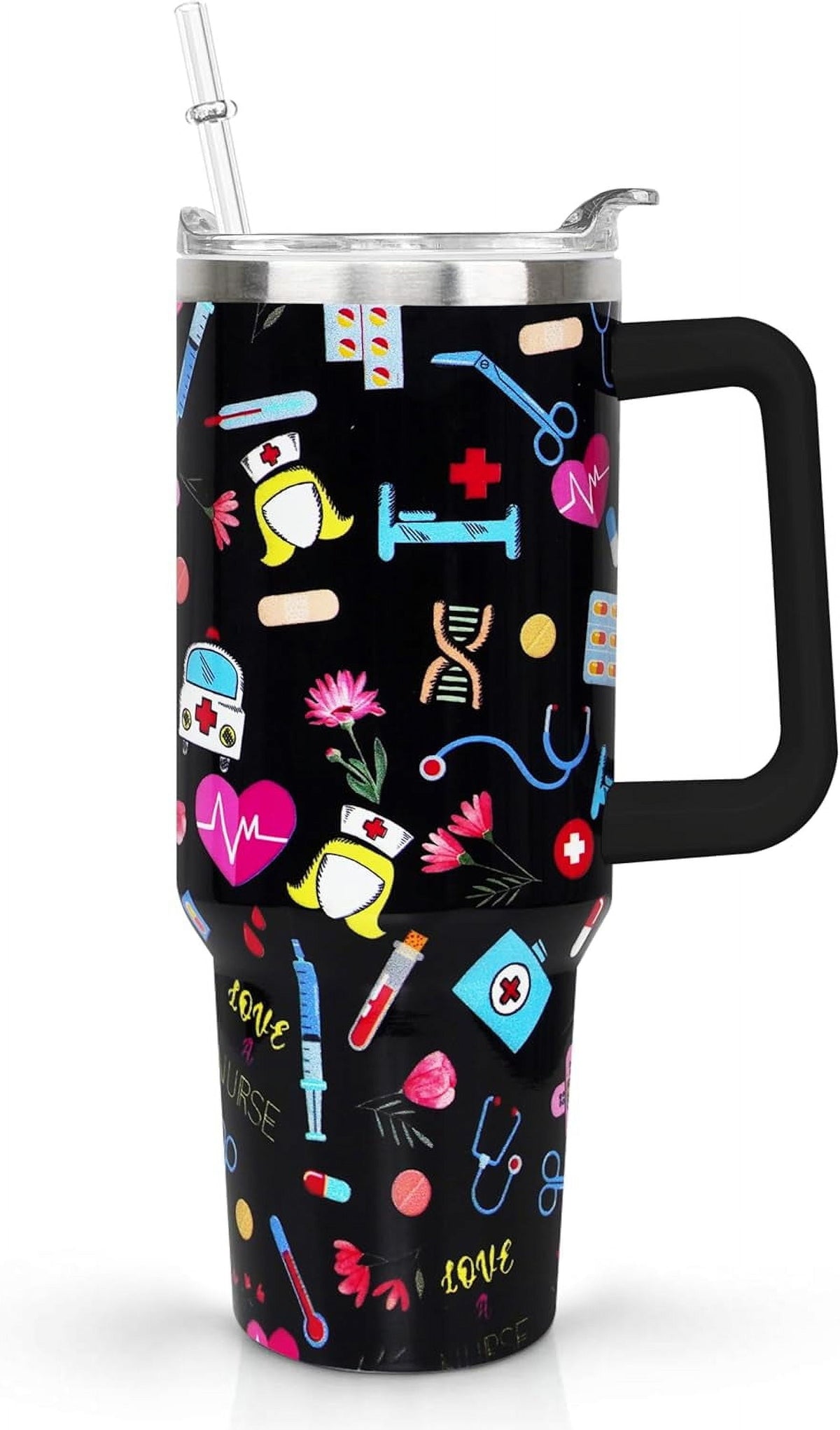 40oz Goth Gothic Tumbler with Handle and Straw, Stainless Steel Vacuum - Insulated Travel Tumbler Cup