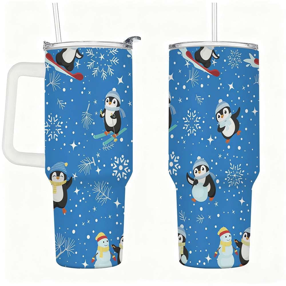 Penguin Winter Travel Tumbler with Lid and Straw, Stainless Steel Insulated Cup with Cute Snow & Ski Design