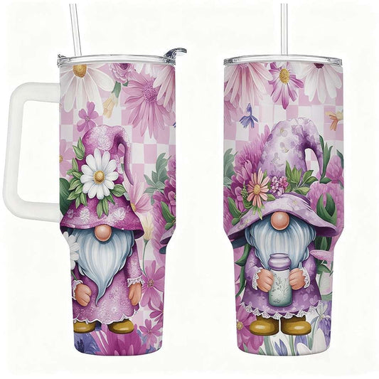 Purple Floral Gnome Stainless Steel Tumbler with Handle and Straw, Insulated Travel Mug for Women, Cute Spring Flower Cup Gift