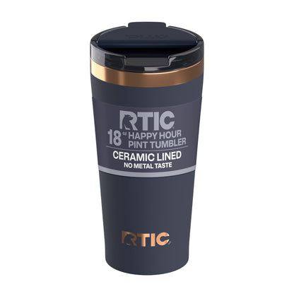 RTIC 18 oz Ceramic Lined Insulated Happy Hour Pint Tumbler, Leak Resistant Lid, Soft-Touch Exterior, Dark Midnight Dust