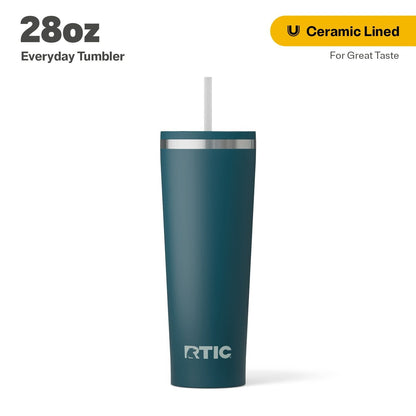 RTIC 28 oz Ceramic Lined Everyday Tumbler, Spill-Resistant Straw Lid, Marine
