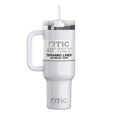 RTIC 40 oz Ceramic Lined Road Trip Tumbler with Handle and Leak-Resistant Straw Lid, White Glitter