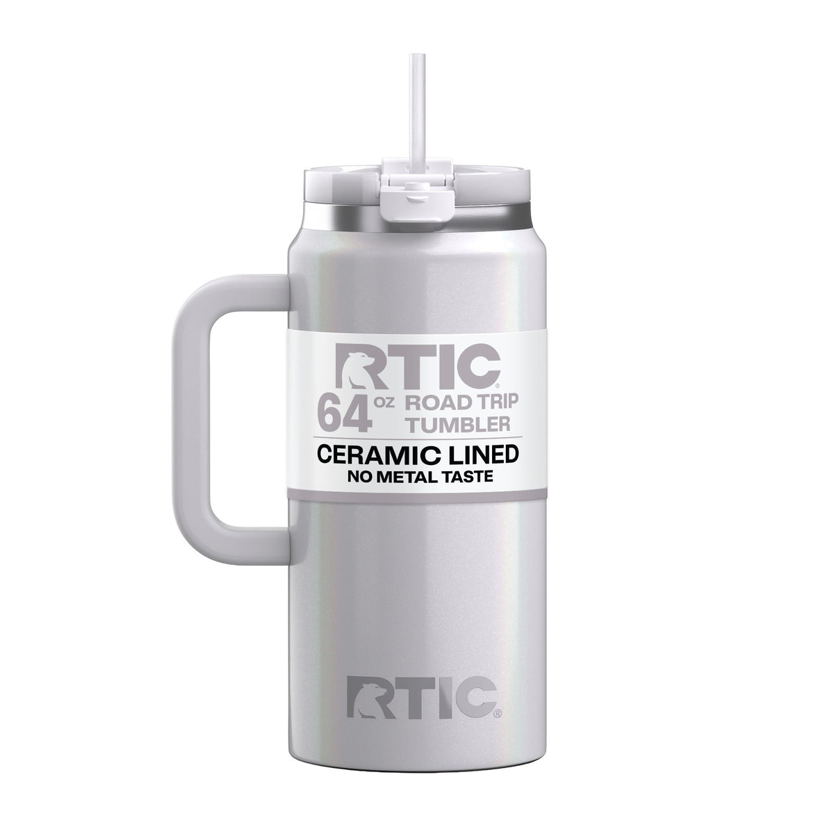 RTIC 64 oz Ceramic Lined Road Trip Tumbler with Handle and Leak-Resistant Straw Lid, White Glitter