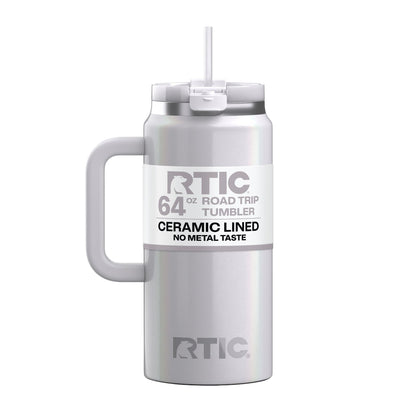 RTIC 64 oz Ceramic Lined Road Trip Tumbler with Handle and Leak-Resistant Straw Lid, White Glitter