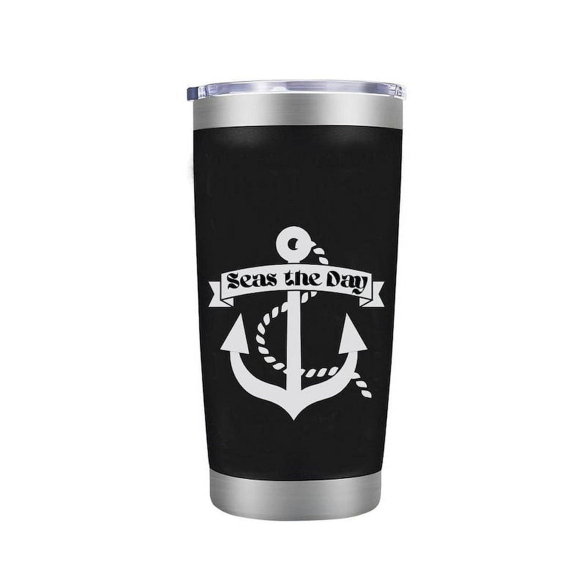 Seas the Day - 20 oz - Cute Funny Nautical Themed Birthday Gift for Ocean Lovers & Sailors - Insulated Coffee Tumbler Cup with Sliding Lid