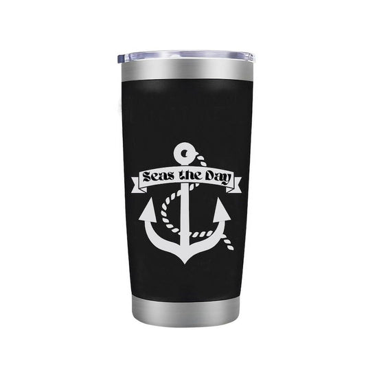 Seas the Day - 20 oz - Cute Funny Nautical Themed Birthday Gift for Ocean Lovers & Sailors - Insulated Coffee Tumbler Cup with Sliding Lid