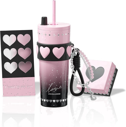 Sidagar 24oz Ceramic Coated Insulated Tumbler with Straw, Gift Travel Mug for Women and Couples, Pink