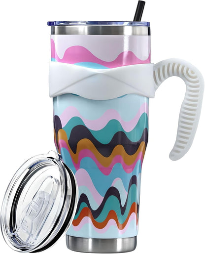 Sunmdecor Pink Leopard Print Tumbler with Handle and Silicone Straws - Insulated Travel Tumbler Cup