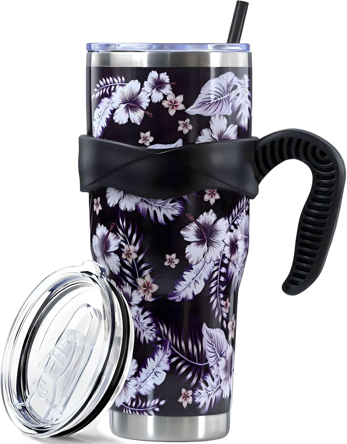 Sunmdecor Pink Leopard Print Tumbler with Handle and Silicone Straws - Insulated Travel Tumbler Cup