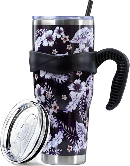 Sunmdecor Pink Leopard Print Tumbler with Handle and Silicone Straws - Insulated Travel Tumbler Cup