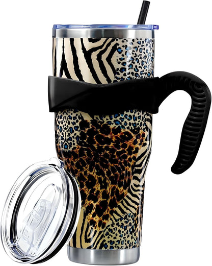 Sunmdecor Pink Leopard Print Tumbler with Handle and Silicone Straws - Insulated Travel Tumbler Cup