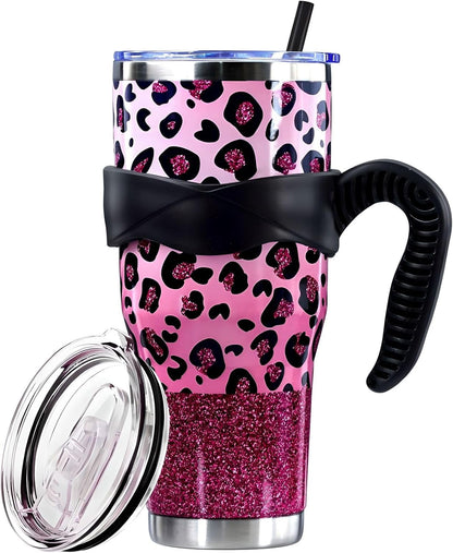 Sunmdecor Pink Leopard Print Tumbler with Handle and Silicone Straws - 40 Oz Cheetah Insulated Tumbler - Leopard Cup Gift for Women