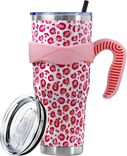 Sunmdecor Pink Leopard Print Tumbler with Handle and Silicone Straws - Insulated Travel Tumbler Cup