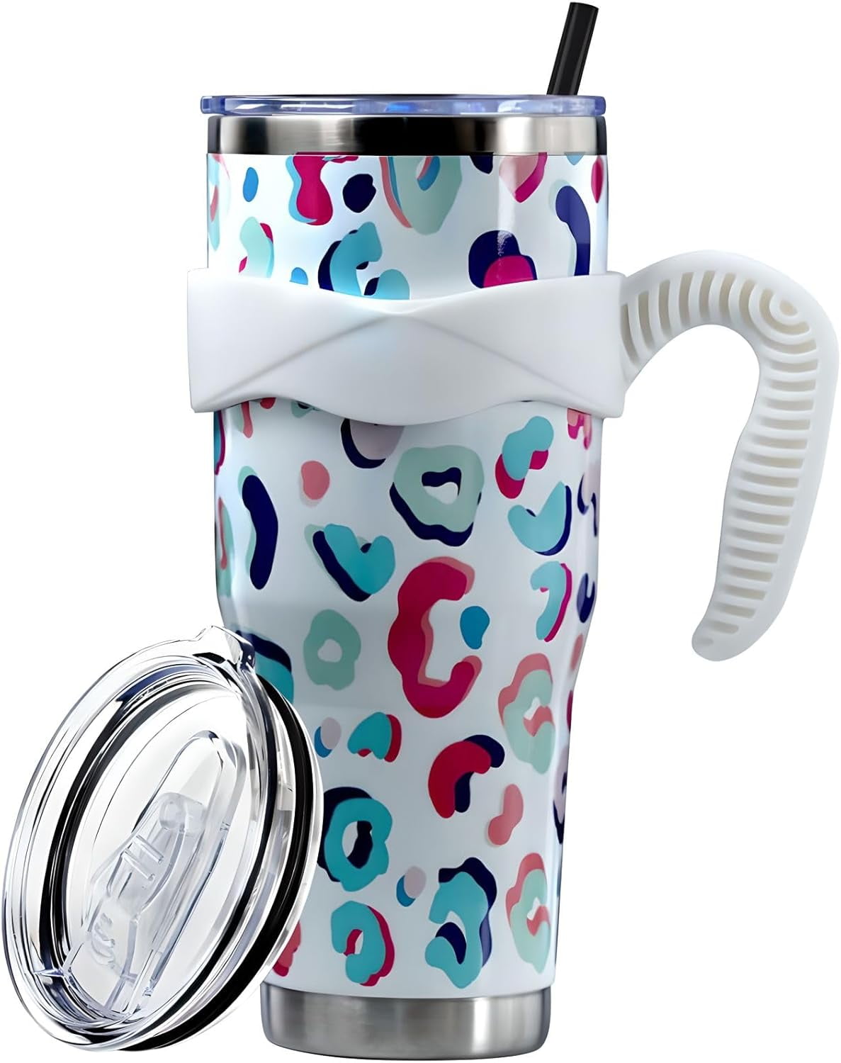 Sunmdecor Pink Leopard Print Tumbler with Handle and Silicone Straws - Insulated Travel Tumbler Cup