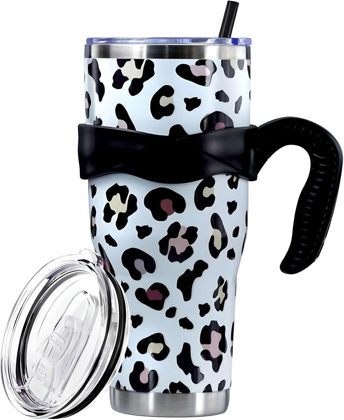 Sunmdecor Pink Leopard Print Tumbler with Handle and Silicone Straws - Insulated Travel Tumbler Cup