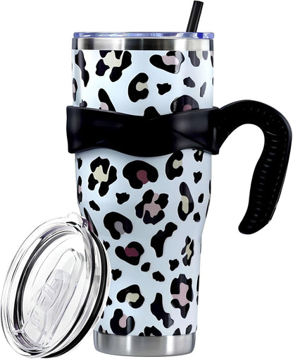 Sunmdecor Pink Leopard Print Tumbler with Handle and Silicone Straws - Insulated Travel Tumbler Cup