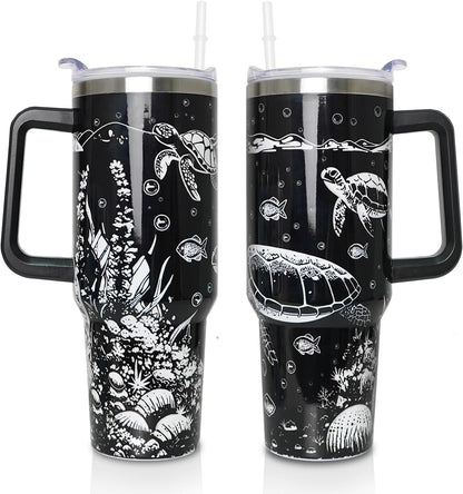 40 oz Tumbler with Handle and Straw Lid, Purple Butterfly Insulated - Reusable Stainless Steel Cup