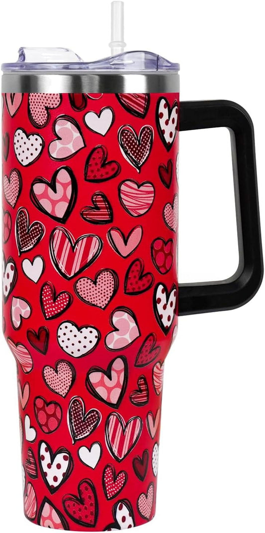Valentines Day Gifts 40 oz Tumbler with Handle and Straw Lid,Cute Valentine''s Day Gift for Her Women Girlfriend Wife Red Love Hearts Vacuum Insulated Leak Proof Stainless Steel Coffee Cup Mug