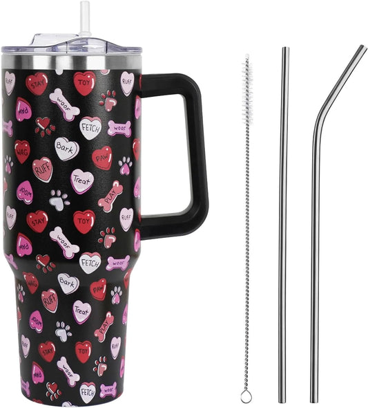 Valentines Day Gifts 40 oz Tumbler with Handle and Straw Lid,Valentine''s Day Gift for Her Women Girlfriend Wife Dog Bones and Candy Hearts Vacuum Insulated Leak Proof Stainless Steel Coffee Cup Mug