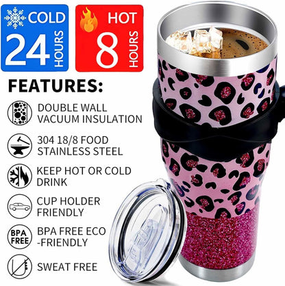 Sunmdecor Pink Leopard Print Tumbler with Handle and Silicone Straws - 40 Oz Cheetah Insulated Tumbler - Leopard Cup Gift for Women