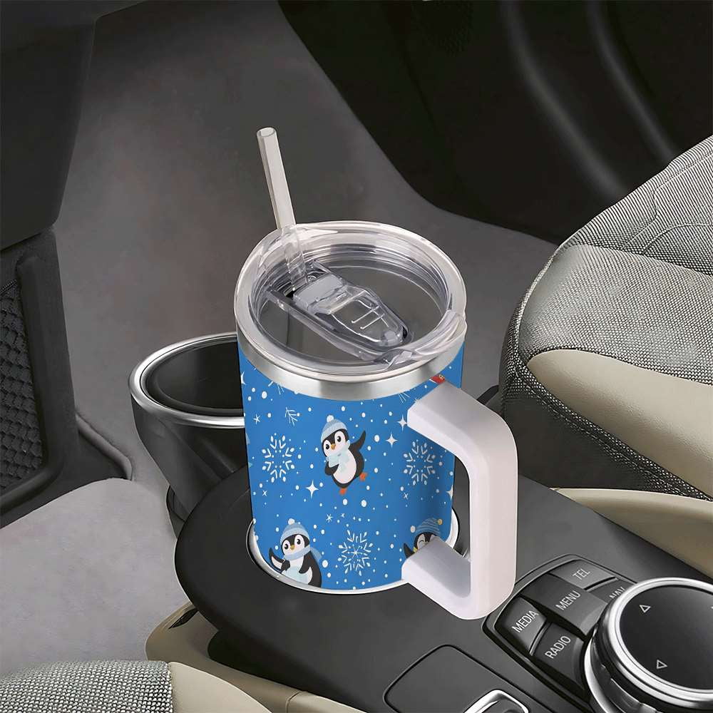 Penguin Winter Travel Tumbler with Lid and Straw, Stainless Steel Insulated Cup with Cute Snow & Ski Design
