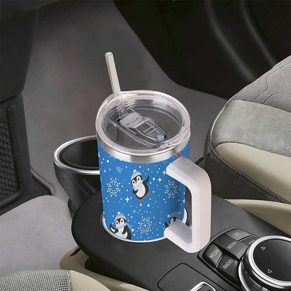 Penguin Winter Travel Tumbler with Lid and Straw, Stainless Steel Insulated Cup with Cute Snow & Ski Design