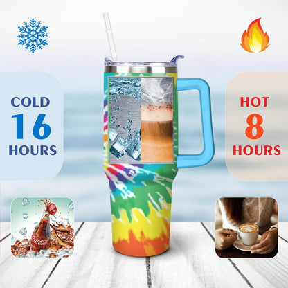 40oz Boho Tie Dye Stainless Steel Flip Straw Tumbler Spill Proof Travel Cup Double Wall Vacuum Insulated Coffee Mug with Top Handle