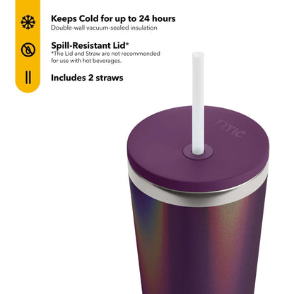 RTIC 28 oz Ceramic Lined Everyday Tumbler, Spill-Resistant Straw Lid, Plum Glitter
