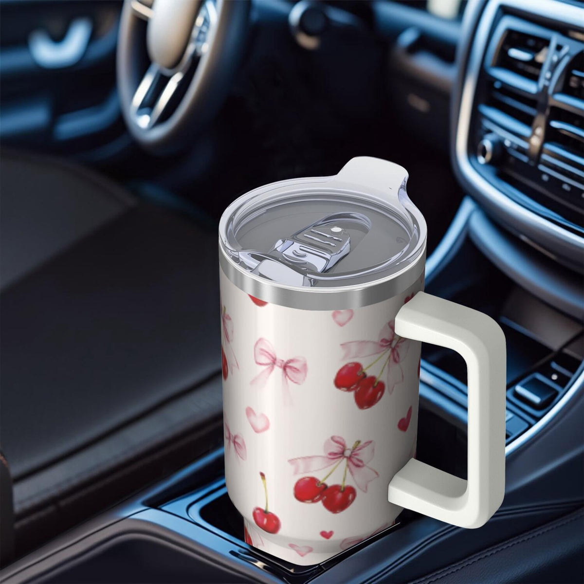 1pc cherry 40oz Tumbler with Straw & Handle - Insulated Stainless Steel Cup | Holiday Gift for Man Women (Christmas, Valentine's, Birthday)