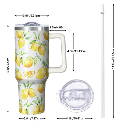 40oz Lemon Tumbler Lemon Theme 40 oz Tumbler with Handle & Straw Spill Proof Lid Double Insulated Mug Gifts for Lemon Men Women