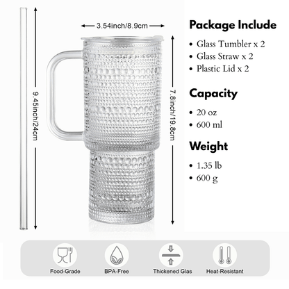 26oz Drinking Glasses with Handle & Lid – 2-Pack Large Iced Coffee Cups with Straws, Modern Glass Tumbler for Cold & Hot Beverages, Aesthetic Travel Cup for Smoothies, Tea, and Juice