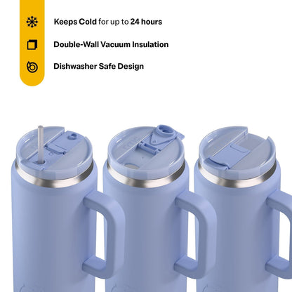 RTIC 64 oz Ceramic Lined Road Trip Tumbler with Handle and Leak-Resistant Straw Lid, Periwinkle