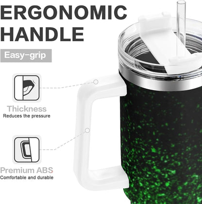Ombre Leopard Glitter 40 oz Insulated Double Wall Stainless Steel Tumbler with Handle and Straw, Lid, Large Travel Mug Fits in Cup Holder, Cup Gift for Women(Green)